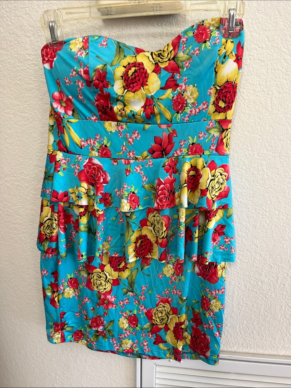 Floral Strapless Peplum Mini Dress in Turquoise